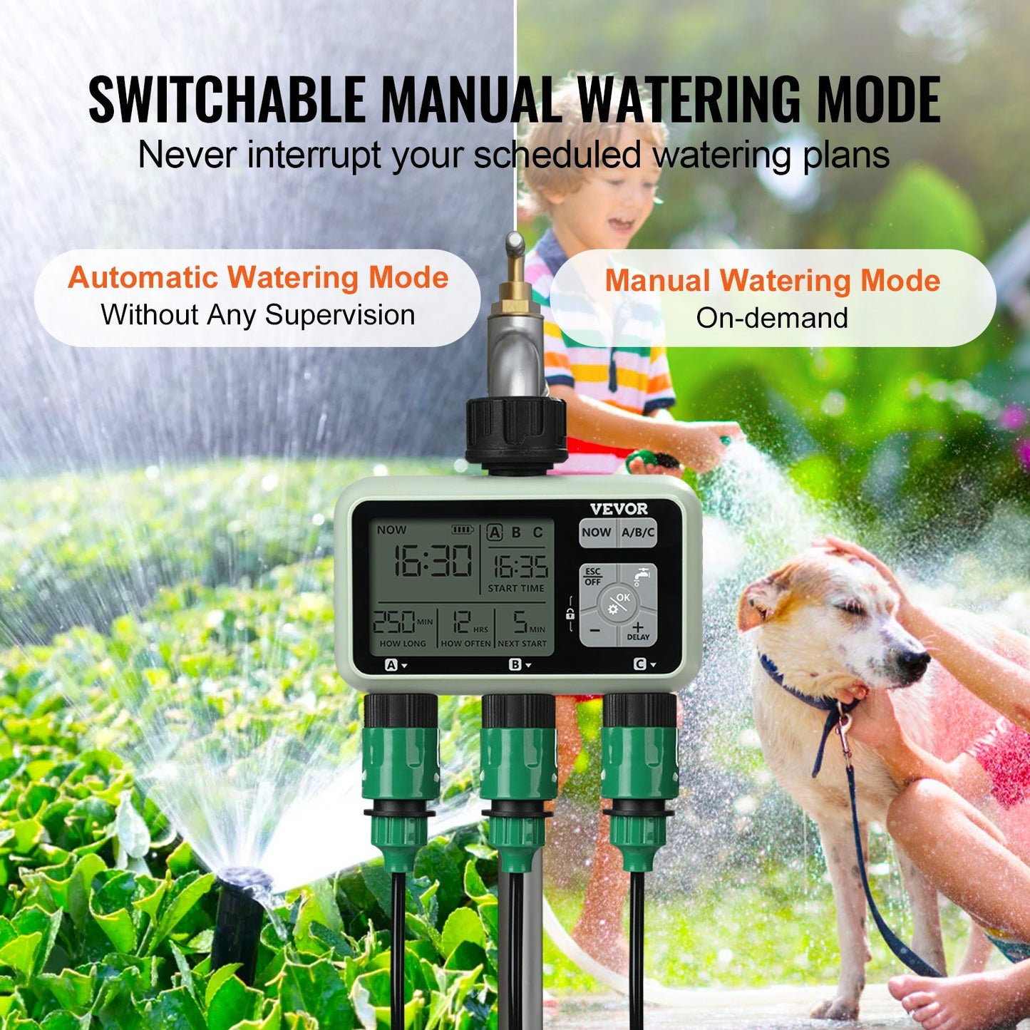 VEVOR Water Timer, 3 Outlets, Hose Watering Sprinkler Timer, with 3 Independent Watering Zone LCD Display Rain Delay Mode Manual Mode 360° Brass Inlet Metal Filter, IPX6 Waterproof for Yard Watering