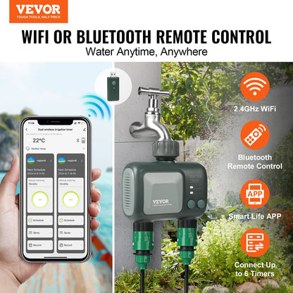 VEVOR WiFi Sprinkler Timer, 2 Outlets, Smart Hose Faucet Water Timer with Brass Inlet, APP Control via 2.4Ghz WiFi or Bluetooth, Voice Control with Alexa and Google Assistant, IPX6 for Yard Watering