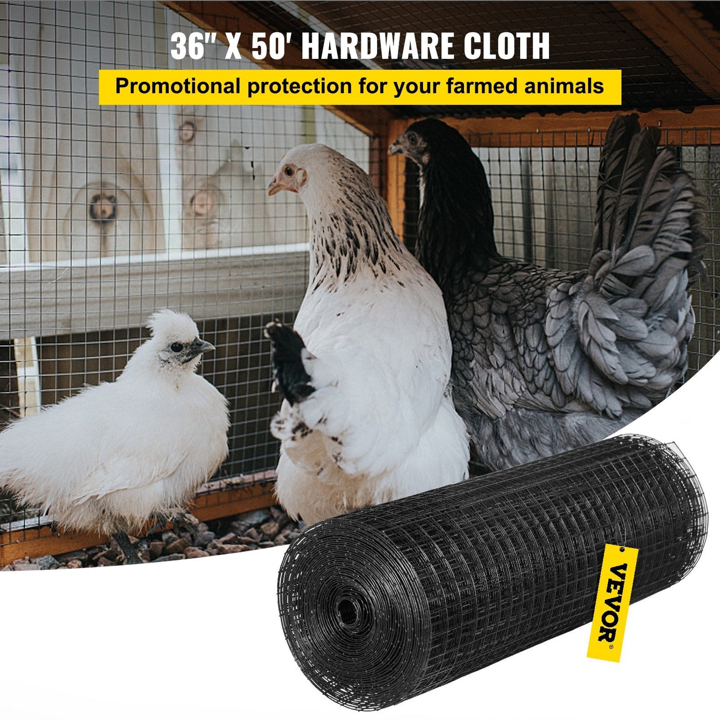 VEVOR Hardware Cloth, 36" x 50' & 1"x1" Mesh Size, Galvanized Steel Vinyl Coated 16 Gauge Chicken Wire Fencing w/A Cutting Plier & A Pair of Fabric Gloves, for Garden Fencing & Pet Enclosures, Black