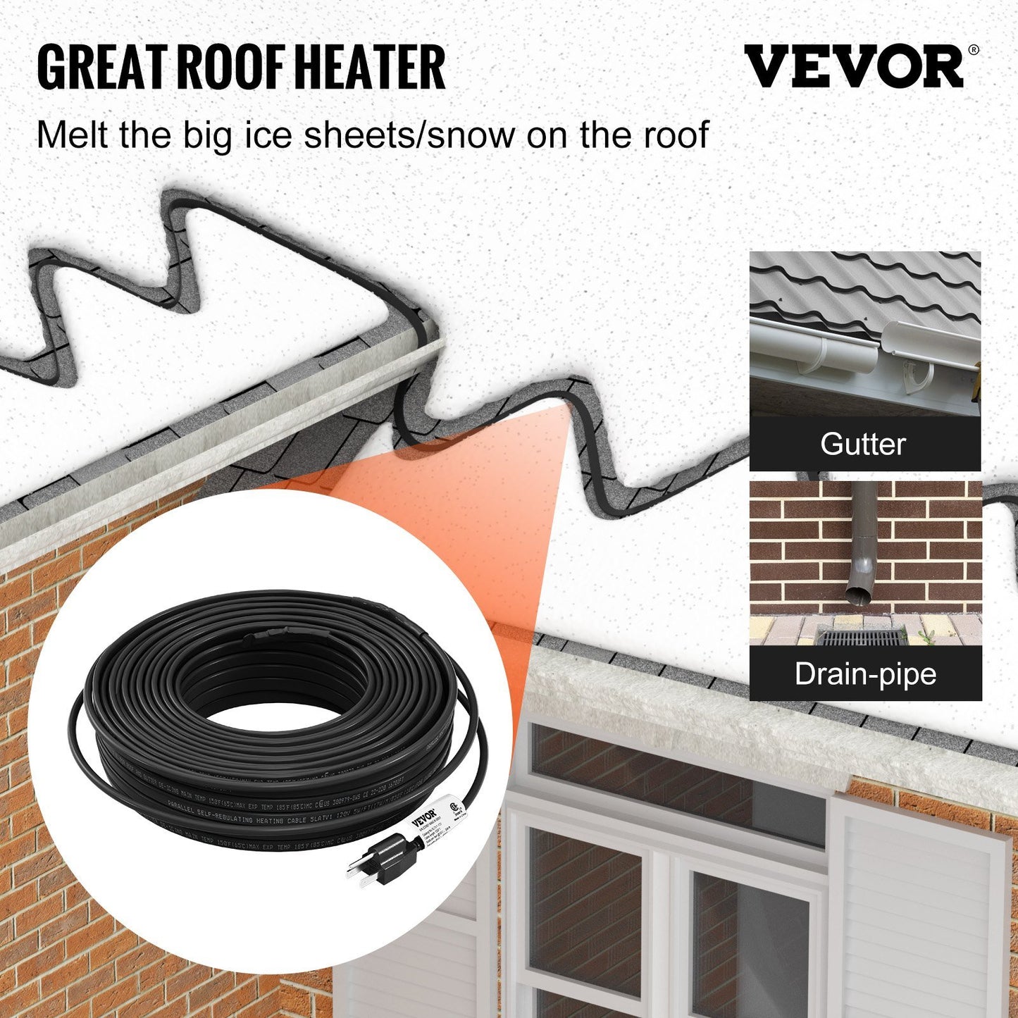 VEVOR Self-Regulating Pipe Heating Cable, 120-feet 5W/ft Heat Tape for Pipes, Roof Snow Melting De-icing, Gutter and Pipe Freeze Protection, 120V