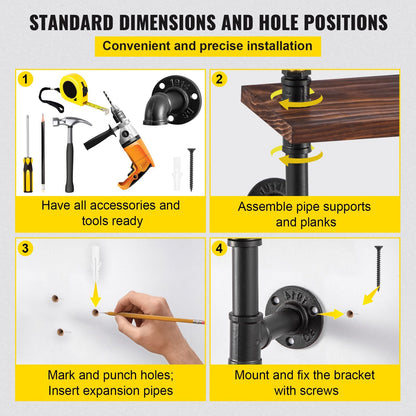 VEVOR Iron Pipes Shelving, Industrial Steel Pipe Shelf w/ 4-Tier Wood Planks, Wall Mounted Modern Rustic Floating Shelves, DIY Storage Bracket for Bathroom, Bookshelf, Kitchen, and Home Decor
