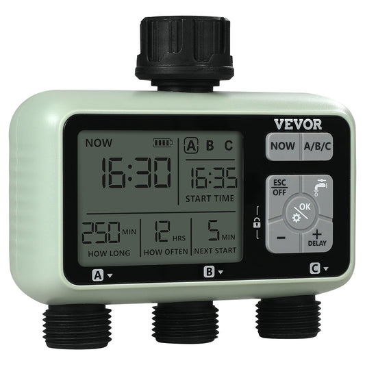 VEVOR Water Timer, 3 Outlets, Hose Watering Sprinkler Timer, with 3 Independent Watering Zone LCD Display Rain Delay Mode Manual Mode 360° Brass Inlet Metal Filter, IPX6 Waterproof for Yard Watering