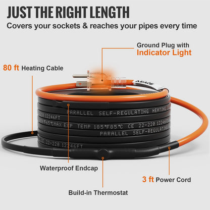 VEVOR Self-Regulating Pipe Heating Cable, 80-feet 5W/ft Heat Tape for Pipes Freeze Protection, Protects PVC Hose, Metal and Plastic Pipe from Freezing, 120V