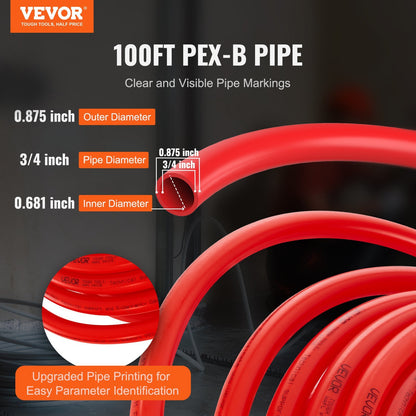 VEVOR PEX Pipe 3/4 Inch, 100 Feet Length PEX-B Flexible Pipe Tubing for Potable Water, Pex Water Lines for Hot/Cold Water & Easily Restore, Plumbing Applications with Free Cutter & Clamps ,Red