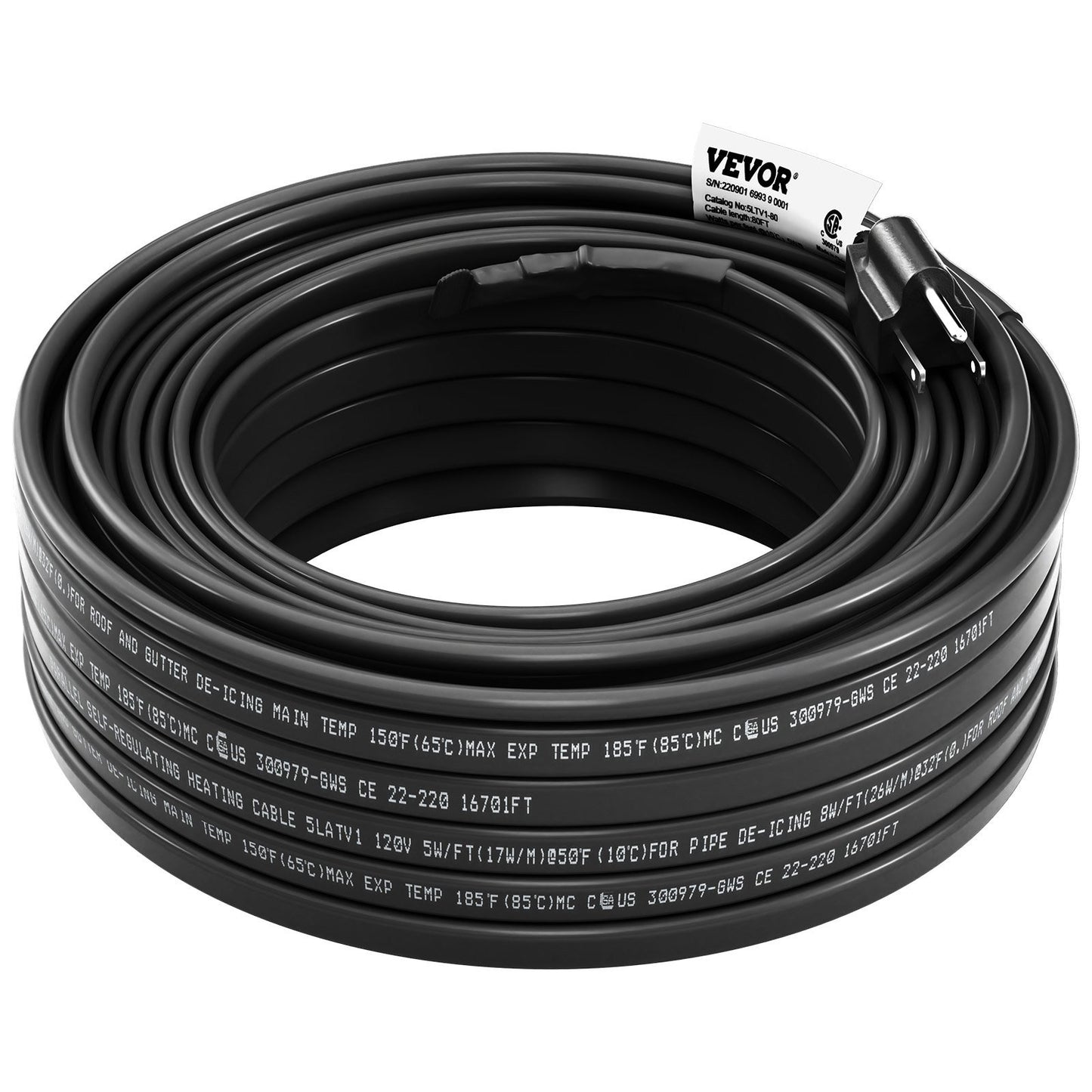 VEVOR Self-Regulating Pipe Heating Cable, 80-feet 5W/ft Heat Tape for Pipes, Roof Snow Melting De-icing, Gutter and Pipe Freeze Protection, 120V