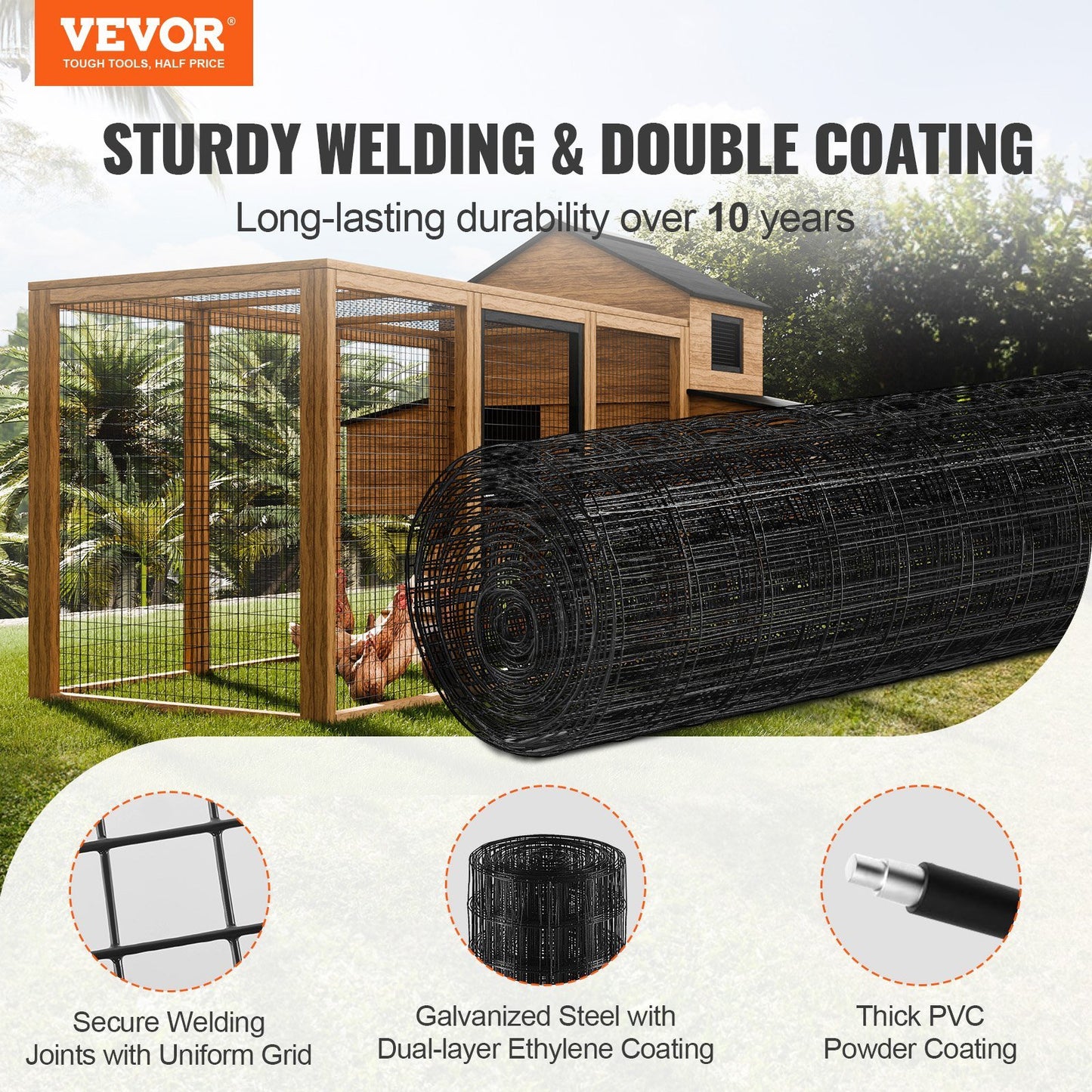 VEVOR Hardware Cloth, 36'' x 50' Galvanized Wire Mesh Roll, 16 Gauge Chicken Wire Fence Roll, Vinyl Coating Metal Wire Mesh for Chicken Coop Barrier, Rabbit Snake Fences, Poultry Enclosures