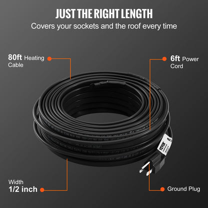 VEVOR Self-Regulating Pipe Heating Cable, 80-feet 5W/ft Heat Tape for Pipes, Roof Snow Melting De-icing, Gutter and Pipe Freeze Protection, 120V