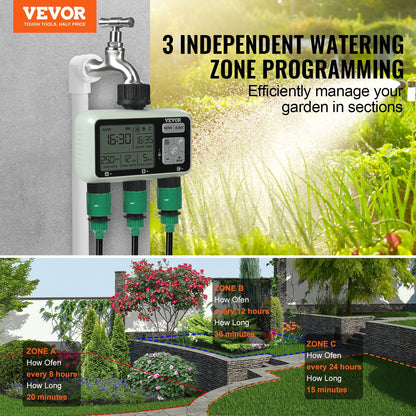 VEVOR Water Timer, 3 Outlets, Hose Watering Sprinkler Timer, with 3 Independent Watering Zone LCD Display Rain Delay Mode Manual Mode 360° Brass Inlet Metal Filter, IPX6 Waterproof for Yard Watering