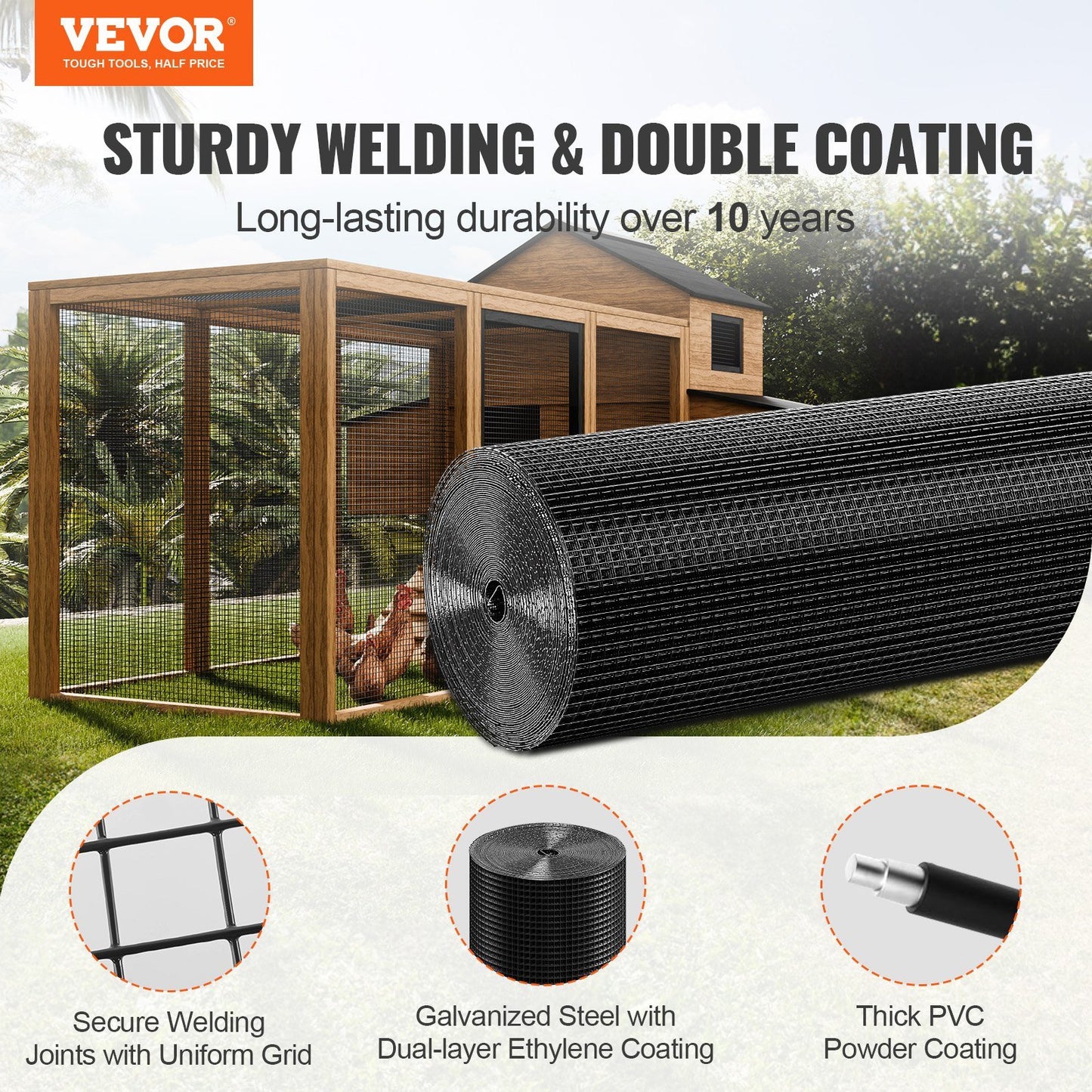 VEVOR Hardware Cloth, 48'' x 100' Galvanized Wire Mesh Roll, 19 Gauge Chicken Wire Fence Roll, Vinyl Coating Metal Wire Mesh for Chicken Coop Barrier, Rabbit Snake Fences, Poultry Enclosures