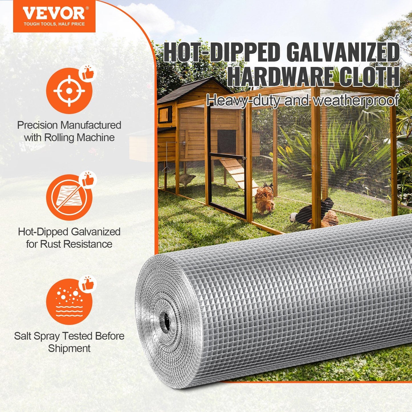 VEVOR Hardware Cloth, 1/4 inch 36in x 100 ft 23 Gauge, Hot Dipped Galvanized Wire Mesh Roll, Chicken Wire Fencing, Wire Mesh for Rabbit Cages, Garden, Small Rodents