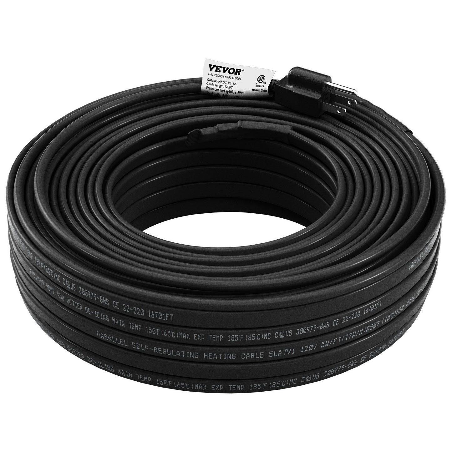 VEVOR Self-Regulating Pipe Heating Cable, 120-feet 5W/ft Heat Tape for Pipes, Roof Snow Melting De-icing, Gutter and Pipe Freeze Protection, 120V