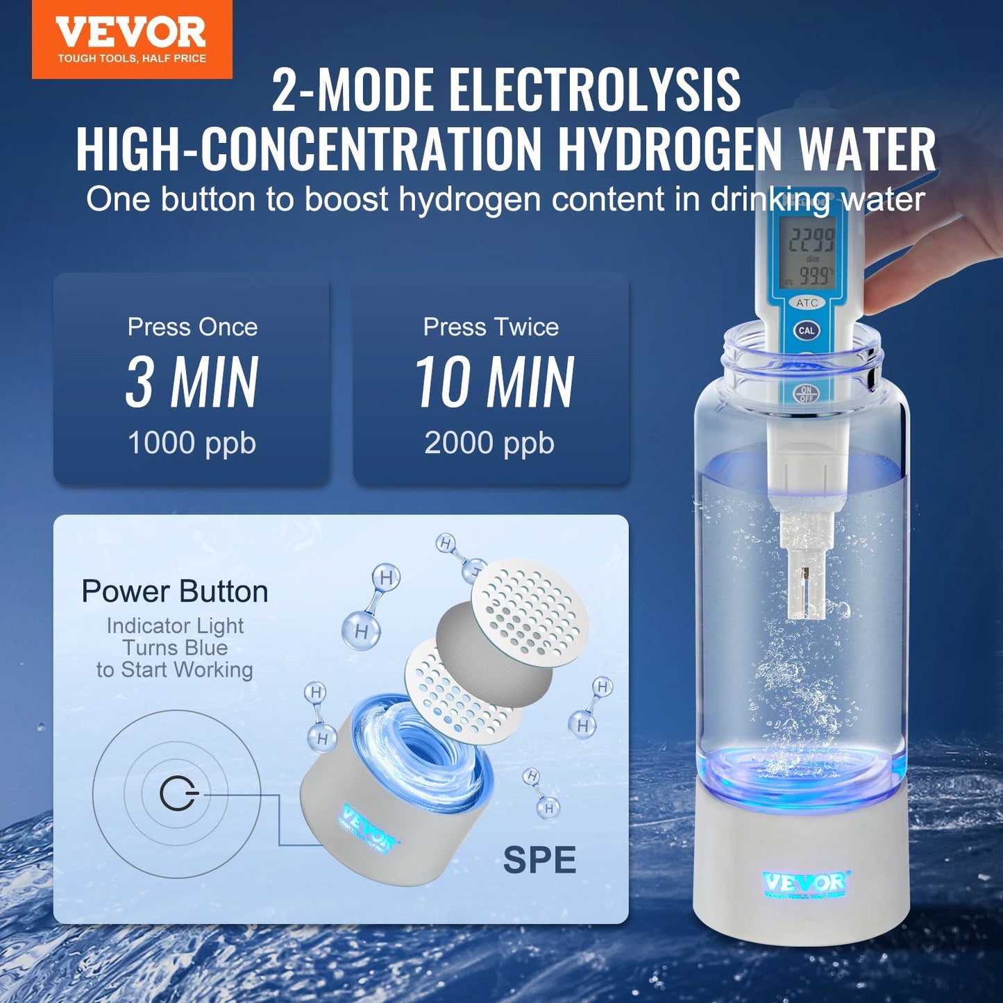 VEVOR Hydrogen Water Bottle Generator, 380 ml / 13.4 oz Capacity Portable Hydrogen Water Maker, SPE Technology Hydrogen Rich Water Ionizer Machine with Nasal Inhalation Tube and Self-Cleaning