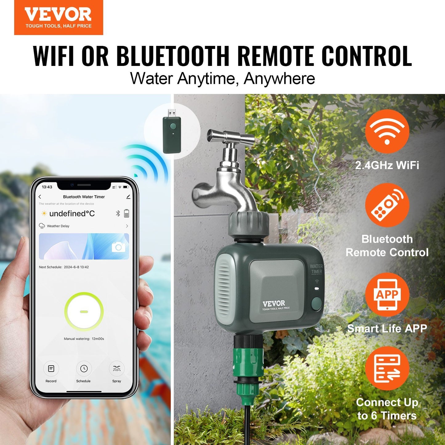 VEVOR WiFi Sprinkler Timer, Single Outlet, Smart Hose Faucet Water Timer with Brass Inlet, APP Control via 2.4Ghz WiFi or Bluetooth, Voice Control with Alexa Google Assistant, IPX6 for Yard Watering