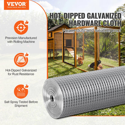 VEVOR Hardware Cloth, 1/2 inch 36in x 50 ft 19 Gauge, Hot Dipped Galvanized Wire Mesh Roll, Chicken Wire Fencing, Wire Mesh for Rabbit Cages, Garden, Small Rodents